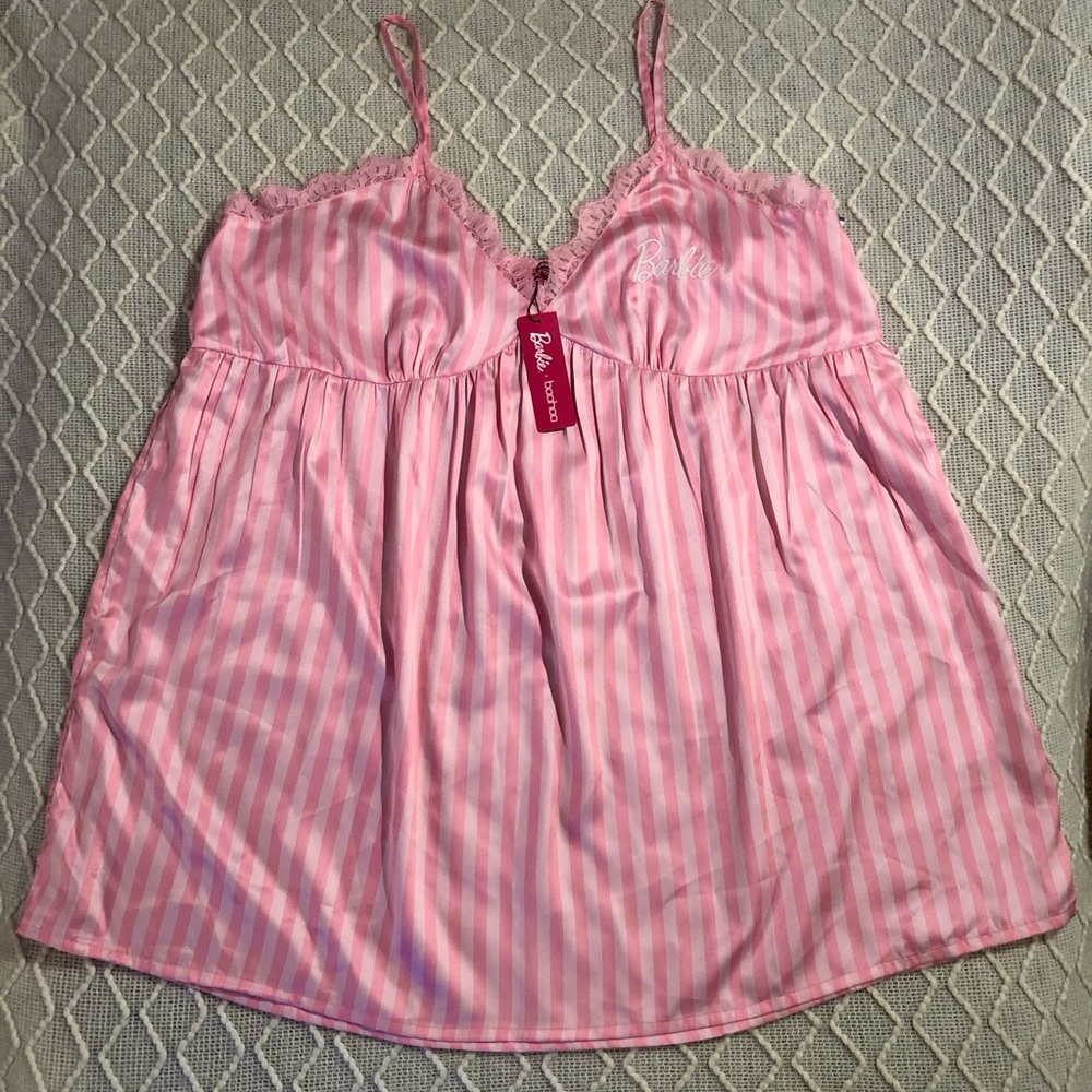 Boohoo x BARBIE Pink striped Chemise with Spaghetti Straps
